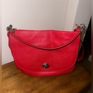 Coach Pebble Leather Turnlock Hobo Crossbody Bag- RED